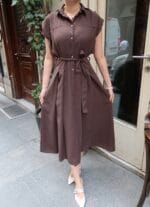 Crep Kumaş Düğmeli Kuşaklı Elbise - Görsel 8