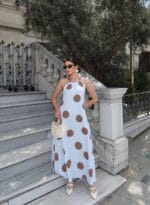 Poplin Kumaş Büyük Puantiye Desenli Uzun Elbise - Görsel 12