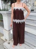 Dokuma Kırışık Kumaş Dantelli Bluz - Görsel 5