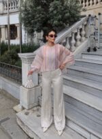 Çizgili Kumaş Astarlı Pelerinli Bluz - Görsel 3