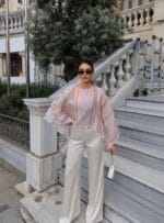 Çizgili Kumaş Astarlı Pelerinli Bluz - Görsel 5