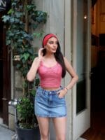 Kareli Kumaş Gloplu Crop - Görsel 3