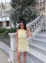 toptan fırfırlı puantiyeli mini elbise