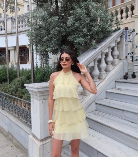 toptan fırfırlı puantiyeli mini elbise