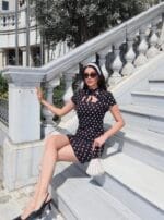 Double Kumaş Puantiyeli Kare Yaka Bağlamalı Elbise - Görsel 4