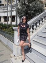 Double Kumaş Puantiyeli Kare Yaka Bağlamalı Elbise - Görsel 5