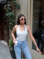 Dalgıç Kumaş Pullu Boyundan Geçmeli Crop - Görsel 10