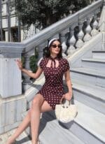 Double Kumaş Puantiyeli Kare Yaka Bağlamalı Elbise - Görsel 9