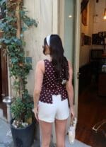 Double Kumaş Puantiyeli Kare Yaka Volanlı Crop - Görsel 8