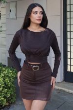 Çizgili Kumaş Belden Oturtmalı Crop - Görsel 7