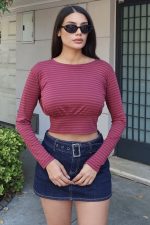 Çizgili Kumaş Belden Oturtmalı Crop - Görsel 11