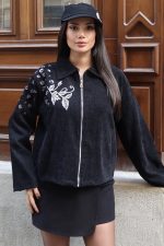 Fitilli Kadife Kumaş Nakışlı Fermuarlı Ceket - Görsel 9