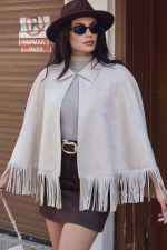 Süet Kumaş Püsküllü Pelerin - Görsel 10