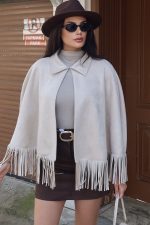 Süet Kumaş Püsküllü Pelerin - Görsel 11