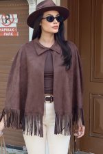 Süet Kumaş Püsküllü Pelerin - Görsel 13