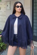 Süet Kumaş Püsküllü Pelerin - Görsel 21