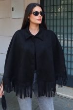 Süet Kumaş Püsküllü Pelerin - Görsel 26