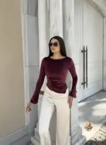 Toptan Kadife Kumaş Drapeli İspanyol Kol Bluz 2759 - Kechi Woman