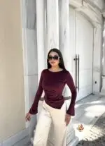 Toptan Kadife Kumaş Drapeli İspanyol Kol Bluz 2759 - Kechi Woman