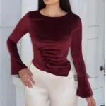 Toptan Kadife Kumaş Drapeli İspanyol Kol Bluz 2759 Bordo - Kechi Woman