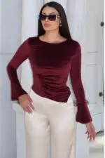 Toptan Kadife Kumaş Drapeli İspanyol Kol Bluz 2759 Bordo - Kechi Woman