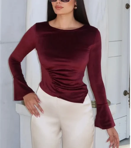 Toptan Kadife Kumaş Drapeli İspanyol Kol Bluz 2759 Bordo - Kechi Woman