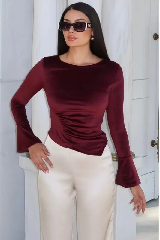 Toptan Kadife Kumaş Drapeli İspanyol Kol Bluz 2759 Bordo - Kechi Woman