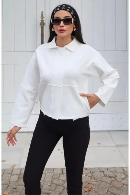 Toptan Scuba Kumaş Polo Yaka D&uuml;ğmeli Hırka 3058 Beyaz - Kechi Woman