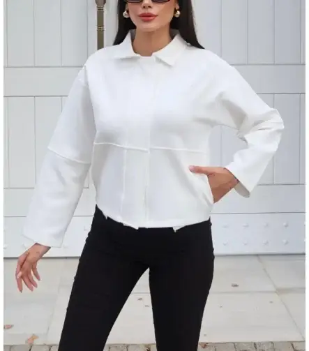 Toptan Scuba Kumaş Polo Yaka Düğmeli Hırka 3058 Beyaz - Kechi Woman