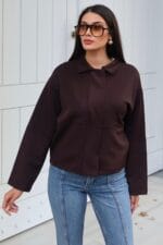 Toptan Scuba Kumaş Polo Yaka Düğmeli Hırka 3058 Kahverengi - Kechi Woman