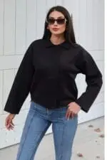 Toptan Scuba Kumaş Polo Yaka Düğmeli Hırka 3058 Siyah - Kechi Woman