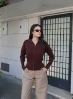 Triko Çift Fermuarlı Dik Yaka Hırka - Görsel 4