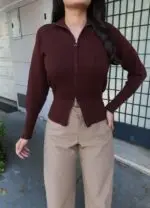 Toptan Triko Çift Fermuarlı Dik Yaka Hırka 3072 - Kechi Woman