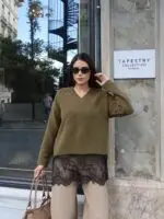Toptan Triko Altı Dantel Detaylı V Yaka Kazak 3087 - Kechi Woman