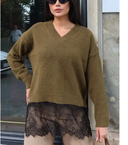 Toptan Triko Altı Dantel Detaylı V Yaka Kazak 3087 Haki - Kechi Woman