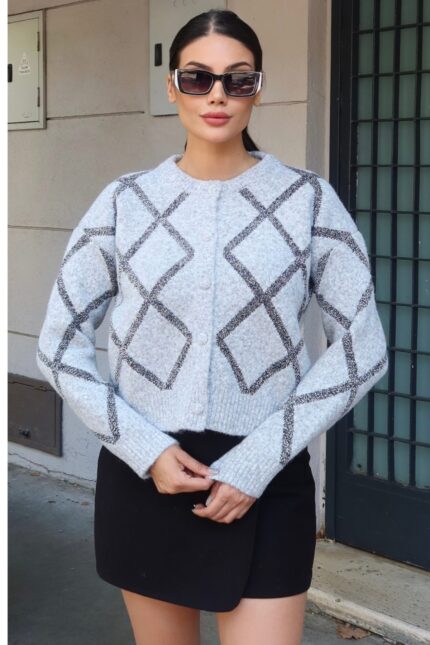 Toptan Simli Baklava Desenli Triko 3092 Gri - Kechi Woman