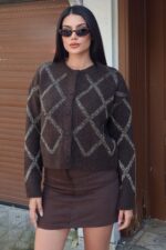 Toptan Simli Baklava Desenli Triko 3092 Kahverengi - Kechi Woman