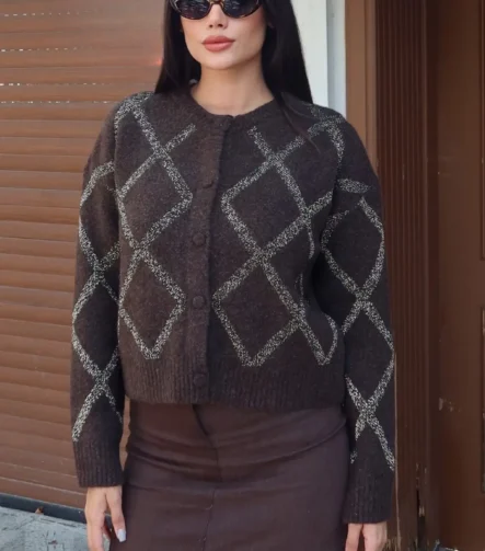 Toptan Simli Baklava Desenli Triko 3092 Kahverengi - Kechi Woman