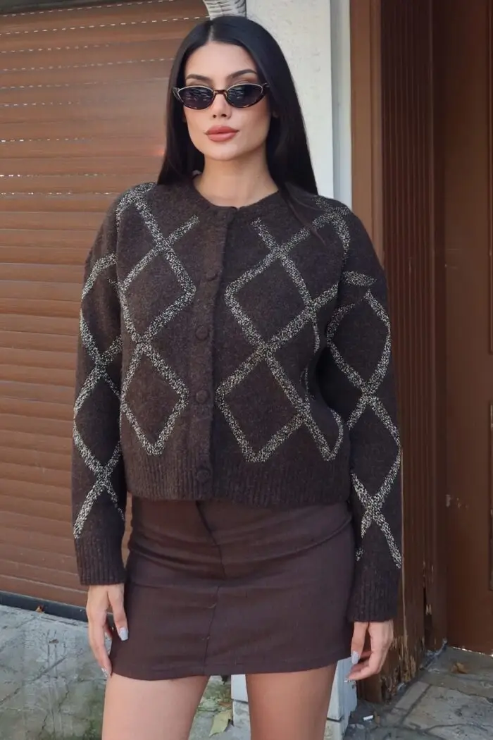 Toptan Simli Baklava Desenli Triko 3092 Kahverengi - Kechi Woman
