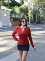 Toptan Fitilli Triko Düğmeli Kontrast Biyeli Kazak 3094 - Kechi Woman