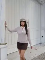 Toptan Fitilli Triko Düğmeli Kontrast Biyeli Kazak 3094 - Kechi Woman