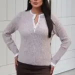 Toptan Fitilli Triko Düğmeli Kontrast Biyeli Kazak 3094 Bej - Kechi Woman