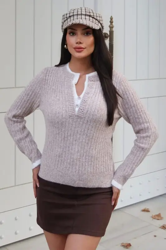 Toptan Fitilli Triko Düğmeli Kontrast Biyeli Kazak 3094 Bej - Kechi Woman