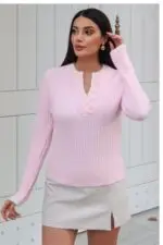Toptan Fitilli Triko Düğmeli Kontrast Biyeli Kazak 3094 Pembe - Kechi Woman