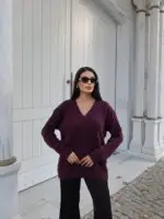 Toptan V Yaka Oversize Triko Kazak 3096 - Kechi Woman