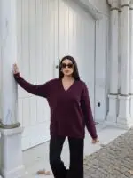 Toptan V Yaka Oversize Triko Kazak 3096 - Kechi Woman