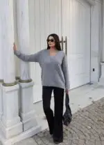 Toptan V Yaka Oversize Triko Kazak 3096 - Kechi Woman