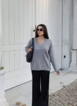Toptan V Yaka Oversize Triko Kazak 3096 - Kechi Woman