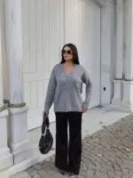 Toptan V Yaka Oversize Triko Kazak 3096 - Kechi Woman