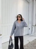 Toptan V Yaka Oversize Triko Kazak 3096 - Kechi Woman